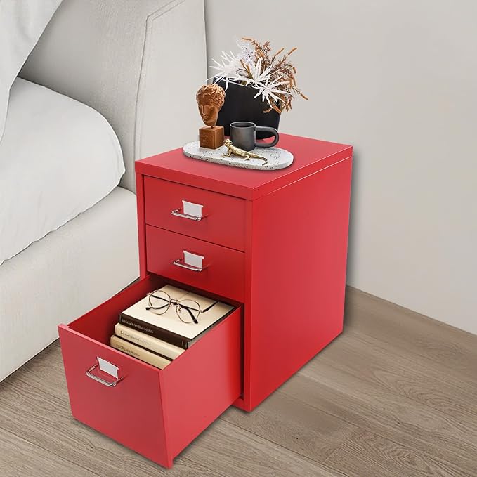 3 Drawer Mobile File Cabinet Rolling Filing Cabinet with Wheels for Documents Supplies (Red)