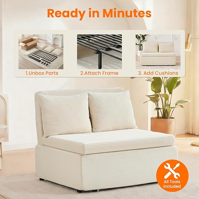ijuicy 3 in 1 Pull Out Sofa Bed Twin Corduroy Sleeper Sofa with Pullout Bed Convertible Loveseat Couch Beds with Pillows and Tri-fold Mattress for Small Spaces Apartment-Beige
