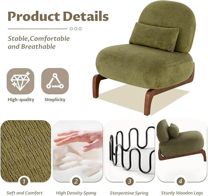 Upholstered Armless Accent Chair for Living Room Modern Comfy Living Room Chairs with Wooden Legs &amp Pillows Lounge Sofa Side Chair for Bedroom Reading (Olive Green 1)