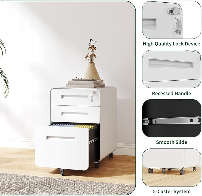 3 Drawer Mobile File Cabinet with LockUnder Desk Metal Filing Cabinets for Home Office Organizer Letters/Legal/A4 Fully Assembled (White+1)