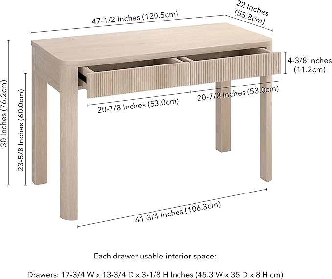 Henn&ampHart 48 Fluted Modern Rectangular Wooden Home Office Desk Computer Desk Writing Table with 2 Ribbed Storage Drawers for Bedroom Living Room or Home Office Beech White