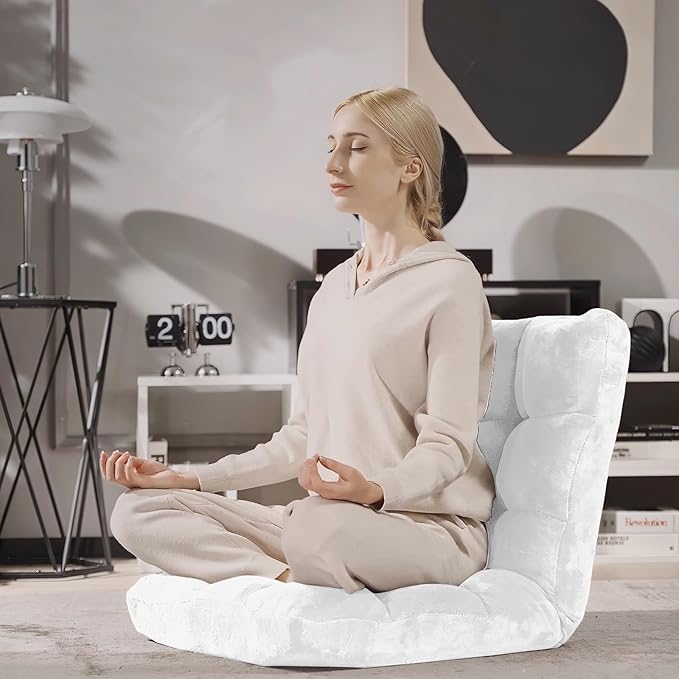 Giantex Floor Chair with Back Support 14 Adjustable Position Padded Sleeper Bed Couch Recliner Folding Gaming Floor Chairs for Adults Living Room Bedroom Yoga Meditation White