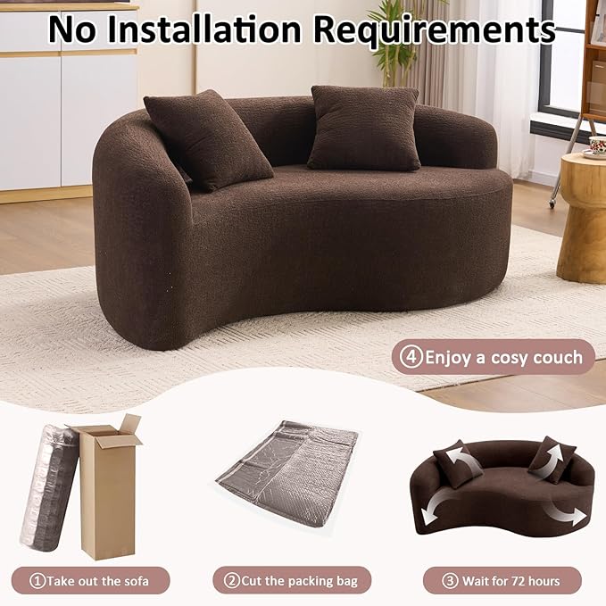 67 Curved Loveseat SofaFull Sponge Compression Sofa Chinese Tai Chi StyleS-Shaped Couch for Small SpacesNo Installation RequirementWood Grain Chenille Fabric （Brown67）