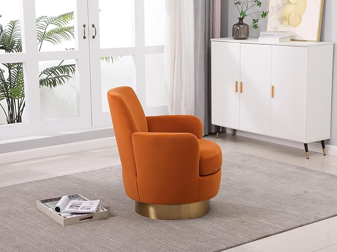 Velvet Swivel Accent Chair Upholstered Barrel Chair with Golden Base Comfy Sherpa Round Boucle Chair 362-degree Swivel Armchair for Living Room Bedroom Lounge Office Nursery Club Orange