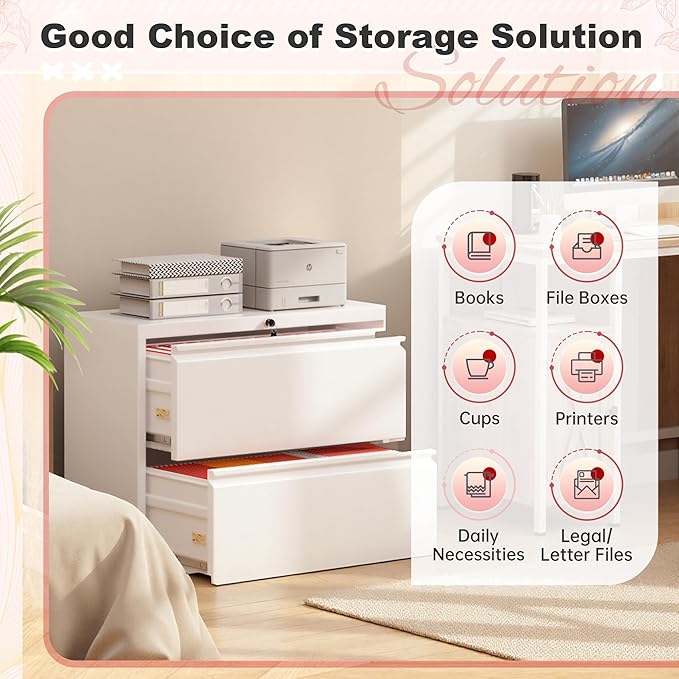 Superday Lateral File Cabinet 2 Drawer Metal File Cabinet with Lock White Filing Cabinets for Home Office Locking Filing Cabinets Hanging Files Letter/Legal/F4/A4