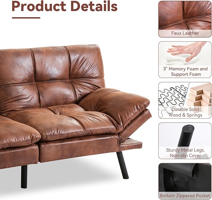 Convertible Futon Sofa BedFaux Leather Futon CouchMemory Foam Futons BedSmall Splitback Modern Loveseat Sleeper Sofa for Living RoomOfficeApartmentBrown