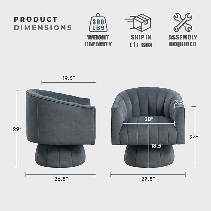 Lexicon Modern Swivel Accent Chair Velvet Fabric Upholstered Swivel Lounge Chair with Rounded Base and Channel Stitching for Living Room/Bedroom/Office Easy Assembly Dark Gray