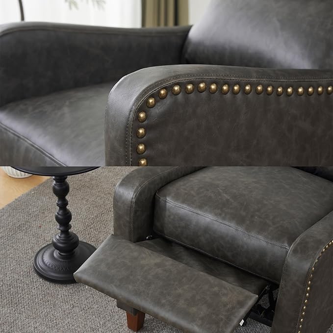 Leather Pushback Recliner Chair PU Leather Push Back Armchair Upholstered Recliner Chair 105-135 Degree Adjustable Retro Accent Chair for Living Room Bedroom - Gray