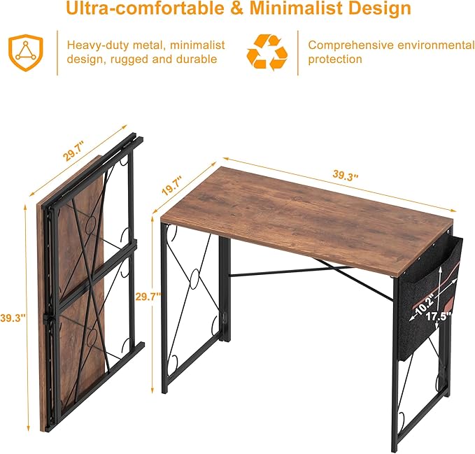 VECELO 39 Inch Folding Desk Simple Assembly Writing Computer Desk for Home Office Study Office Foldable Table for Small SpacesClassic Brown2 Set