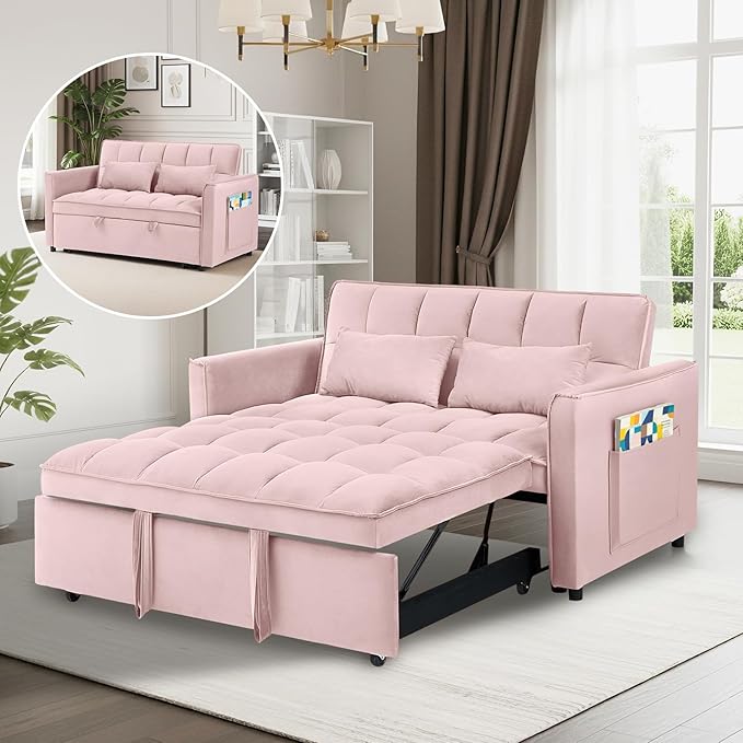 3 in 1 Convertible Sofa Bed Pull Out Couch with Adjustable Backrest Velvet Sleeper Sofa Loveseat with Pillows and Side Pockets for Living Room Bedroom Apartment Pink