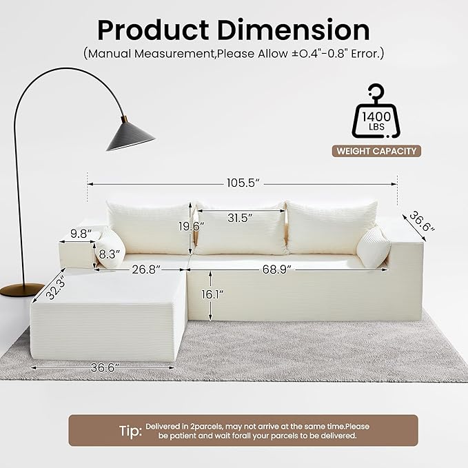 106 Cloud Sectional Boneless Couches for Living Room Modular L Shaped Couch with Deep Seat Oversized Left Facing Chaise Memory Foam Compressed Spineless 3 Seater Sofa for Bedroom Apartment Beige
