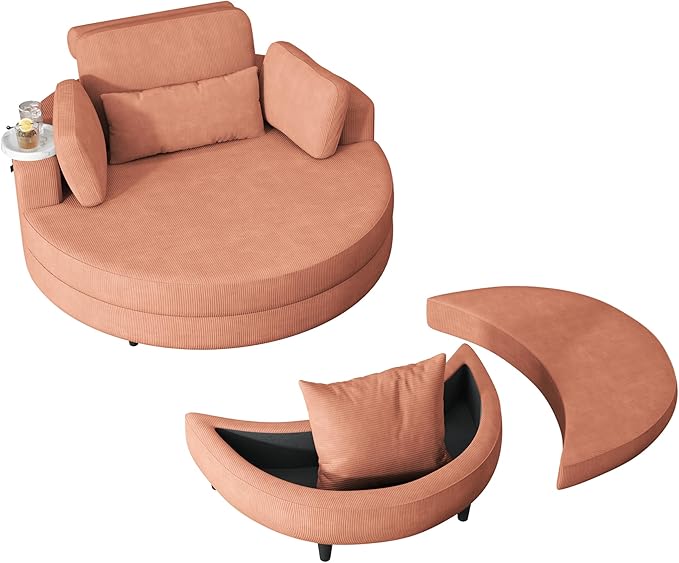 51-Inch Orange Corduroy Sofa Lounge Chair with 2 Throw Pillows 1 Waist Pillow 1 Extra Storage Tray for Comfortable Seating in Small Apartment Bedrooms Living Room