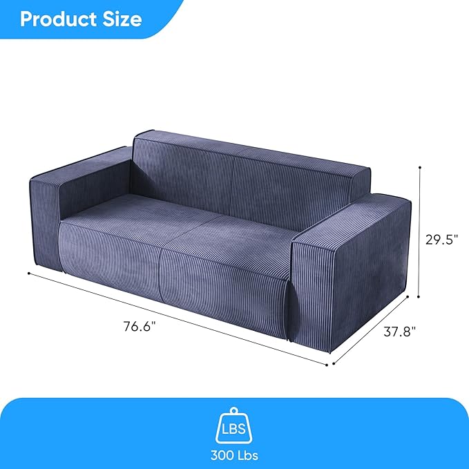 PUREMIND 3 Seater Sofa in a Box 76 Modern Corduroy Sofa Couch with Widen Armrest No Installation Comfy Deep Seat Couches for Living Room Apartment Blue