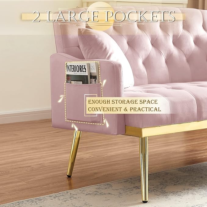 Antetek Upholstered Velvet Loveseat Sofa Modern Small Couch with Side Pocket and Golden Metal Legs Tufted Leisure Sofa for Living Room Bedroom Office Pink
