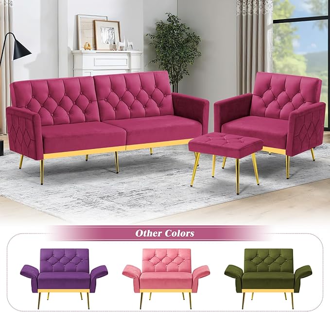 Velvet Accent Chair w/Adjustable Armrests and Backrests Tufted Single Sofa with Ottoman Upholstered Reading Chiar for Living Room Apartment Bedroom Fuchsia