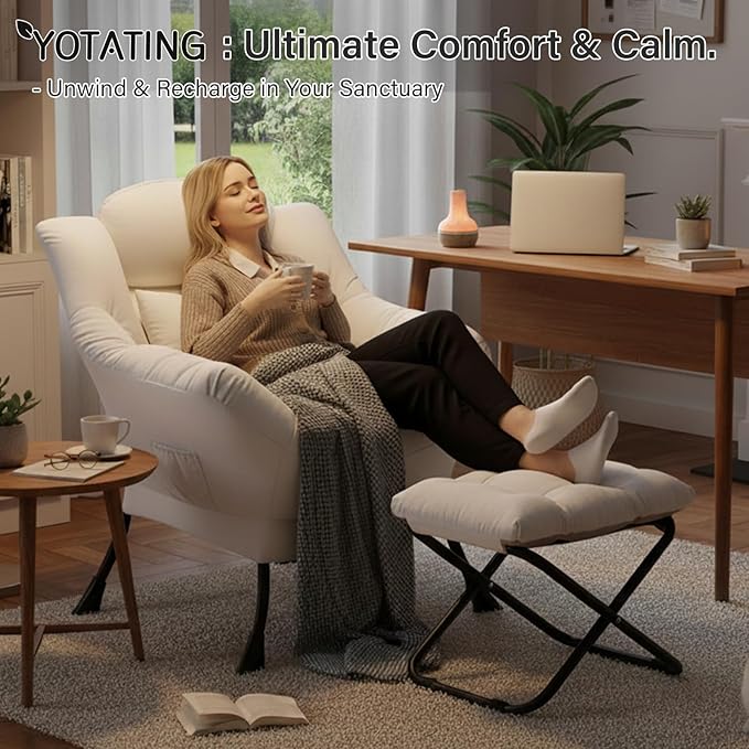 Lazy Chair with Ottoman Modern Accent Leisure Sofa Chair with Footrest Stool &amp Throw Pillow Modern Lounge Chair with Armrests for Living Room Beige