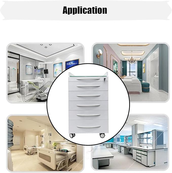5 Drawers Mobile Office File Storage Cabinet Stainless Steel Dental Medical Assistant Cabinet Utility Cart Glass Countertop with Lock and Wheels and Storage Tray for Office Hospital White