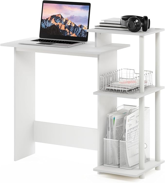 Furinno EFFICIENT Desk 28.6 Wide Gaming Desk with 3 Open Side Shelves Laptop Notebook Computer Desk Office Desk for Home Office Study Room Dorm Bedroom White