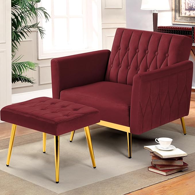 Velvet Accent Chair with Adjustable Armrests and Backrest Button Tufted Lounge Chair Single Recliner Armchair with Ottoman and Pillow for Living Room Bedroom Red
