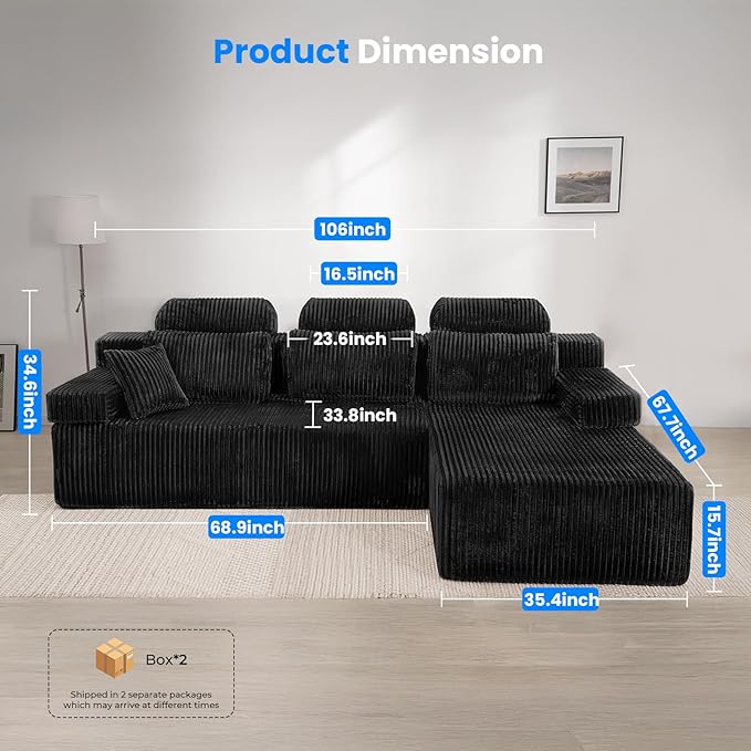 106’’ Sectional Couch with High Backrest L-Shape Modular Sectional Sofa Convertible Left or Right Chaise Cloud Corduroy Boneless Couches Comfortable for Living Room(Black)