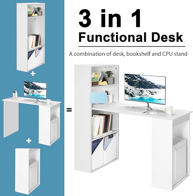 Tangkula White Computer Desk with Bookshelf Writing Study Desk with Storage Shelves &amp CPU Stand Modern Compact Computer Workstation for Home &amp Office Space-Saving Design