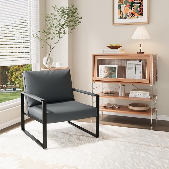Recaceik Modern Accent Chair Set of 2 Arm Chairs Faux PU Leather Single Large Upholstered Sofa ChairErgonomic Lounge Living Room Chair for Bedroom Waiting Room Office Apartment Small SpaceGrey