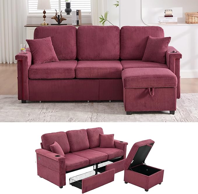 76'' Sectional Sofa Couches for Living Room 3 Seat L-Shaped Couch with Storage &amp Ottoman Corduroy Convertible Sofas with Chaise Apartment with USB Charging Cup Holder (Wine Red)