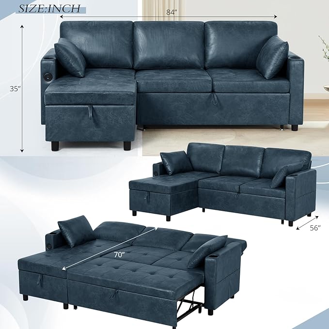 84 L-Shape Pull Out Sofa Bed with Adjustable Backrest Upholstered Sectional Sleeper Sofa with Storage Chaise Suede Leather Reversible Couch Bed with USB Port for Living Room House Blue
