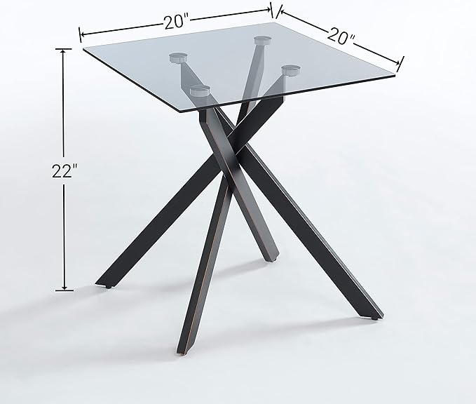 Edwin's Choice Black Square Glass Side &amp End Table with Grey Tempered Glass Top and Black Metal Tubular Legs with Gold Rim 20”Dx20”Wx22”H