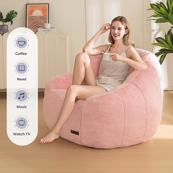 MAXYOYO Bean Bag Chair Comfy Bean Bag Sofa with Back Support Faux Fur Bean Bag Chair for Adults and Kids Stuffed Floor Sofa for Living Room Bedroom Apartment Pink