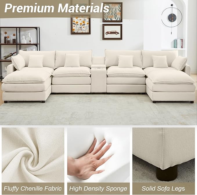 145 Oversized Modular Sectional Sofa U Shaped Cloud Couch 6 Seat Sofa Set for Living Room Comfy Fluffy Chenille Deep Seat with Storage Central Console Movable Ottomans Cup Holders USB Ports White