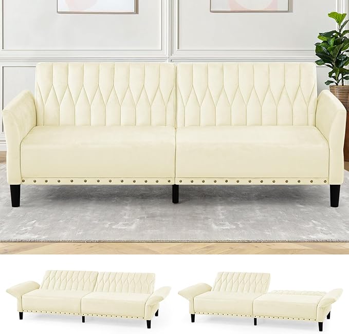 77” Velvet Sofa Bed with Adjustable Armrests and BackrestsTufted Convertible Futon Couch with Nailhead Trim Loveseat Modern Velvet Sleeper Sofa for Living RoomBedroomOffice Beige