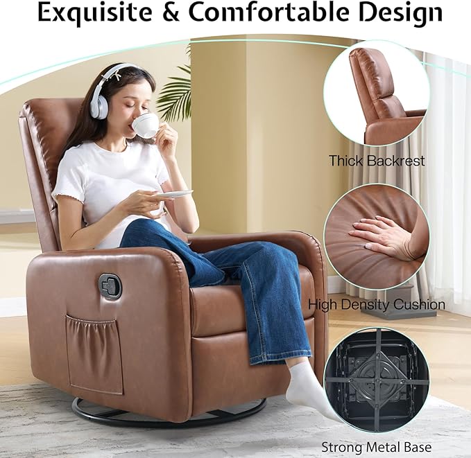 Jocisland Swivel Glider Rocking Recliner Chair for Adults Nursery Rocker Reclining Comfy Upholstered Single Sofa Armchair for Living Room Bedroom Nursing Leather Brown