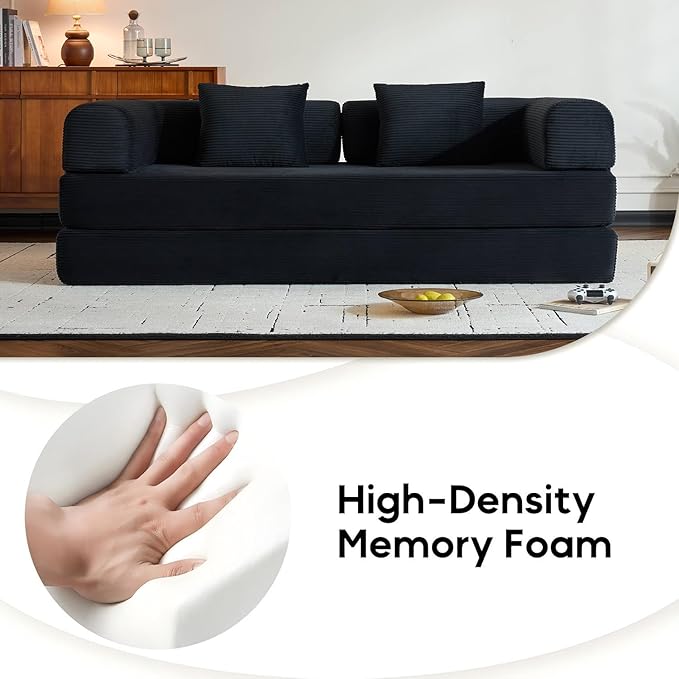 Convertible Sleeper Sofa Bed with Fixed-Shape Frame Corduroy Folding Boneless Couch with Cylindrical Pillow Comfy Floor Sofa Couch for Living Room No Assembly Required Black