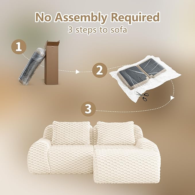 82'' Boneless Couch Modular Sectional Sofa Small L-Shaped Couch with Buckle Connection Anti-Slip Design Flannelette Fabric Couches for Living Room (Cream 2 Seat + 1 Ottoman)