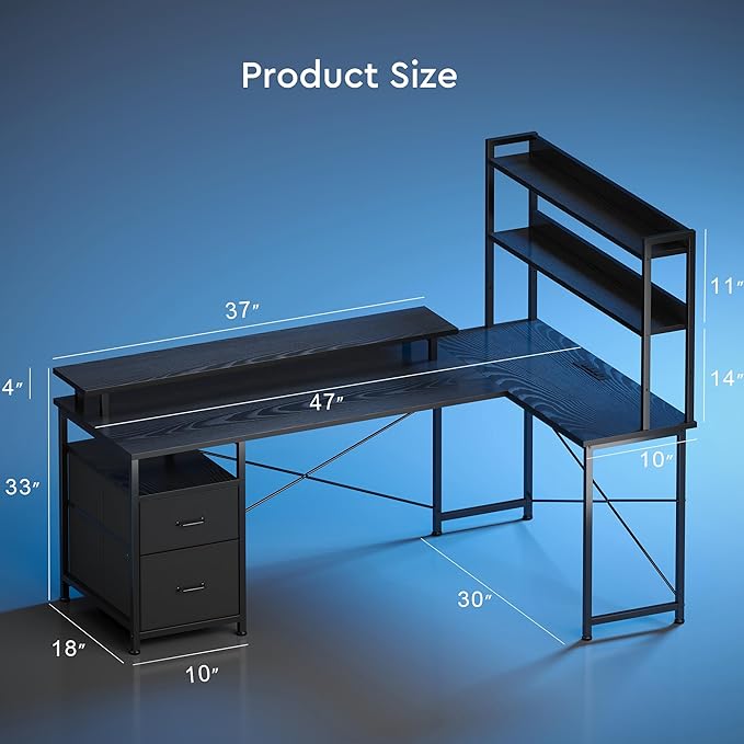 L Shaped Gaming Desk with ShelvesReversible Computer Gaming Desk with LED Lights and Charging StationHome Office Corner Desk with Monitor StandBlack