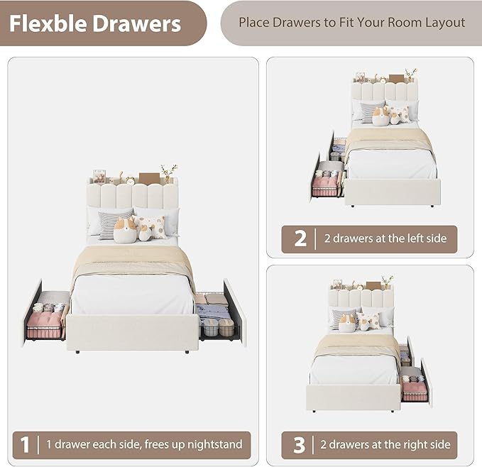 Garvee LED Twin XL Bed Frame with Storage Headboard Kids Bed Frame with 2 Drawers Boucle Upholstered Platform Bed for Girls Chic Wavy Headboard with Bookcase No Box Spring Needed White