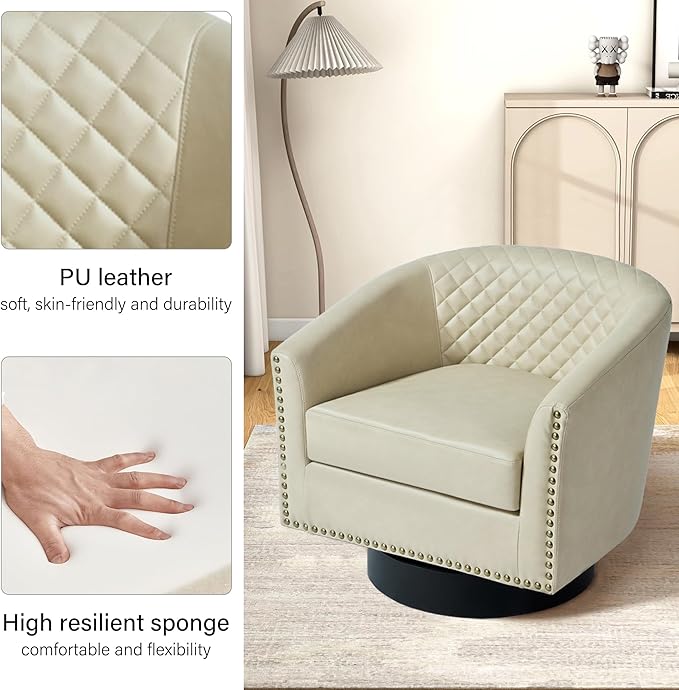 Swivel Barrel Accent Chair Comfy Modern Upholstered Round Faux Leather Arm Chair for Living Room Bedroom（Beige Set of 2