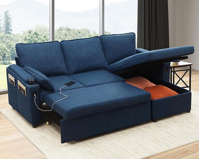DURASPACE Sofa Bed Sleeper Pull Out 2 in 1 Sectional Sleeper Sofa Couches with StorageUSB Cup HolderPullout Sectional Couches for Apartment Living Room (Blue)