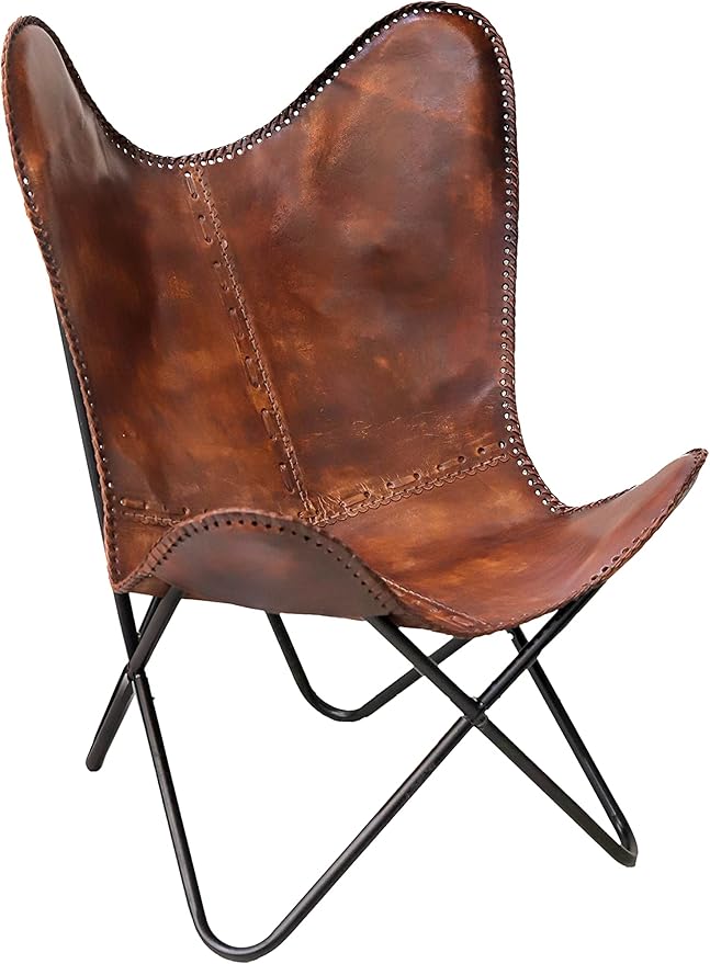 cuero Classy Handmade Dark Brown Leather Butterfly Chair Living Room- Side Hand Stich Leather Chair-Handmade with Powder Coated Folding Black Iron Frame (Cover with Folding Frame)