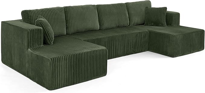Cloud Couch U-Shaped Sectional Sofa 132.5'' Modular Boneless Couches for Living Room Corduroy Deep Seat Sofa with 2 Chaise Lounges and 1 Loveseat No Assembly Required (Green U Shape)