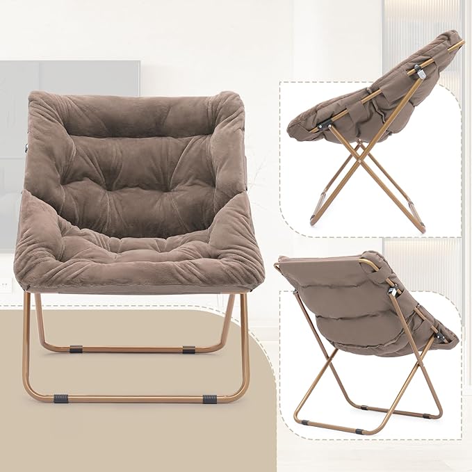Athena Collection Comfy Saucer Chair and Ottoman Set for Adult Comfortable Faux Fur Square Oversize Folding Reading Chair with Metal Leg Lazy and Cozy for Bedroom Living Room Beige