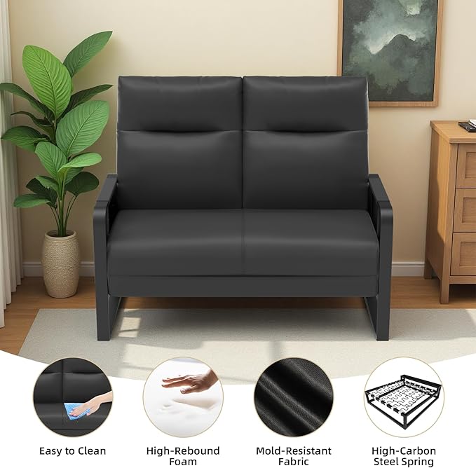 Small Loveseat Sofa with Side Table &amp Metal Legs Upholstered Faux Leather Loveseat for Small Spaces Couch for Living Room Reading Office Bedroom (Black)