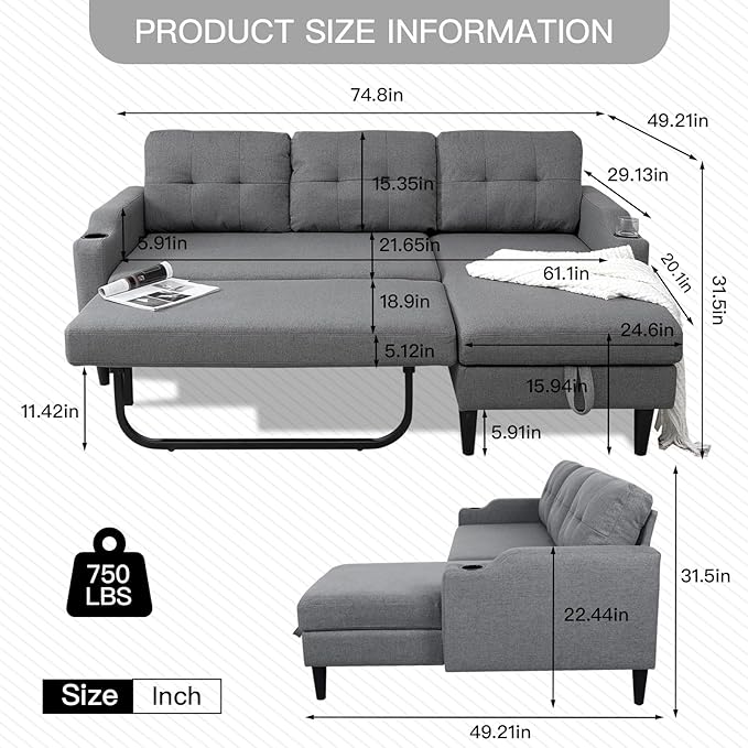 Convertible Sleeper Pull Out Couch Bed with Storage Chaise Linen Upholstered Sectional L-Shape Apartment Couch Pullout Sofa Bed with Side Pocket and Cup Holder Removable Backrest (Gray)