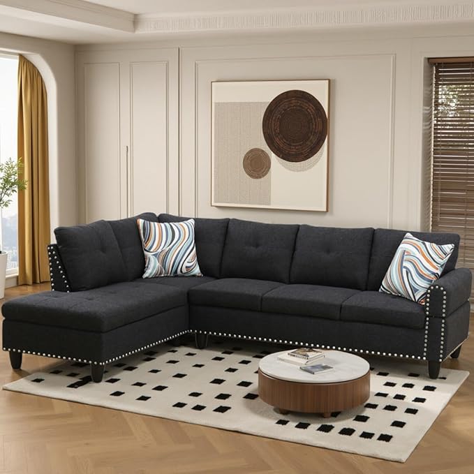 FONTOI L Shaped Sectional Couch Sofa 4-Seat Modern Sectional Sofa with Cup Holders &amp Nail-Head Trim – PU Leather L-Shaped Couch for Living Room Bedroom Apartment Black B