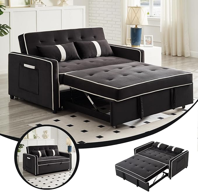 3 in 1 Convertible Sleeper Sofa Bed Small Couch for Living Room Bedroom with Pullout Bed Adjustable BackrestVelvetLoveseat Sofa BedFuton Couches (Black)