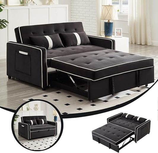 3 in 1 Convertible Sleeper Sofa Bed Small Couch for Living Room Bedroom with Pullout Bed Adjustable BackrestVelvetLoveseat Sofa BedFuton Couches (Black)