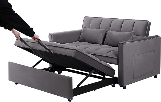 3 in 1 Convertible Sleeper Sofa Bed 55 Pull Out Couches Modern Loveseat Sleeper Sofa with Adjustable Reclining Backrest &amp Side Pockets for Living Room Velvet Fabric Dark Gray