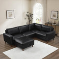 Mid-Century Modern Sofa with Movable Ottoman PU Leather U-Shaped Couch with Solid Wood Legs Comfy Modular Sectional Sofa Upholstered Cozy Couch for Living Room Bedroom Apartment(104W Black)