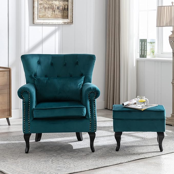 chairus Mid-Century Modern Accent Chair with Ottoman Comfy Velvet Single Sofa Chair Button Tufted Wingback Armchair with Pillow for Living Room/Bedroom/Club - Teal
